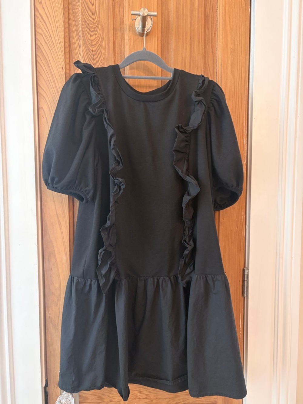 English Factory Black Puff-Sleeve Ruffle Dress